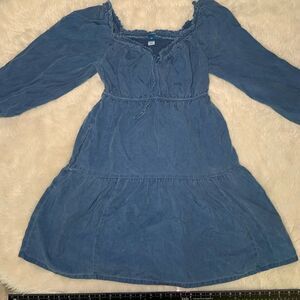 Sz XS Old Navy Peasant Jean Chambray Puffy Sleeve Drawstring Chest Dress